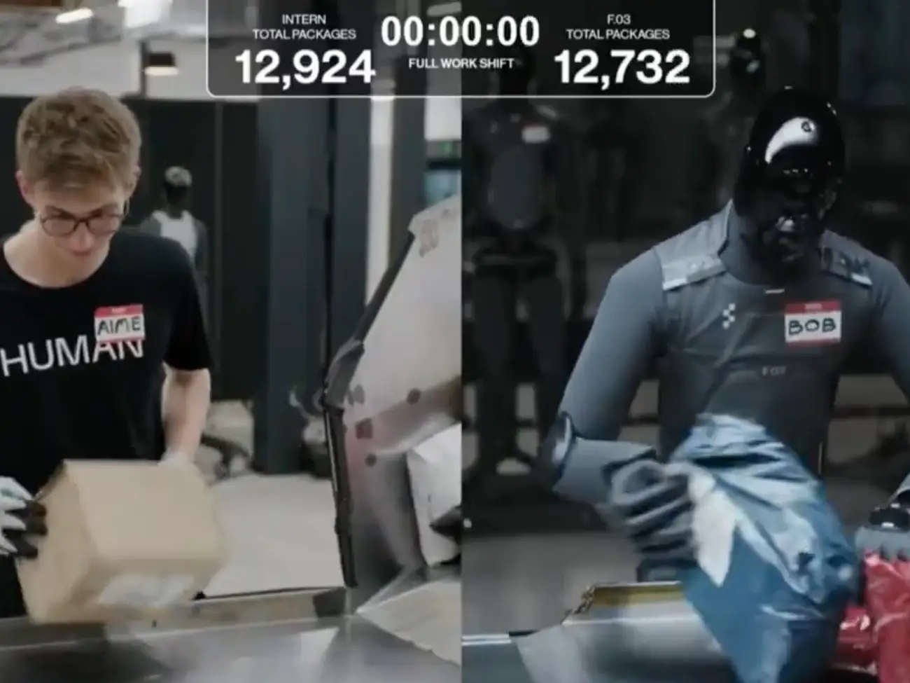Figure AI's humanoid robot competing against a teenage intern in a package-sorting challenge